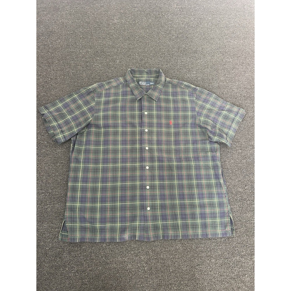 Polo Ralph Lauren Tartan Plaid‎ Short Sleeve Button Up Shirt Green Mens 2XL Pony